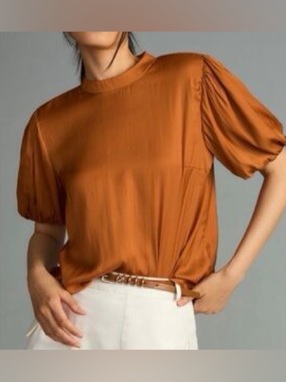 Anthropologie Puff-Sleeve Satin Top in gold